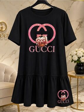 Plus Size Black Short-Sleeve Dress with Pink Logo and Floral Basket